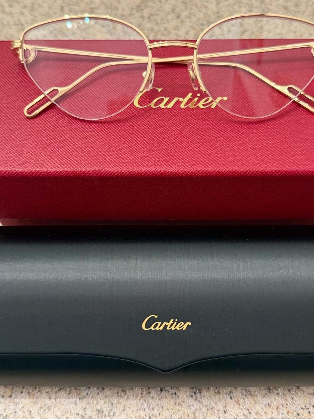 Cartier Gold Metal Rim Glasses with Red Case
